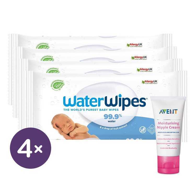 4x WATERWIPES 100% BIO odbouratené vlhčené ubrousky 60 ks + Philips AVENT Krém na bradavky 30 ml