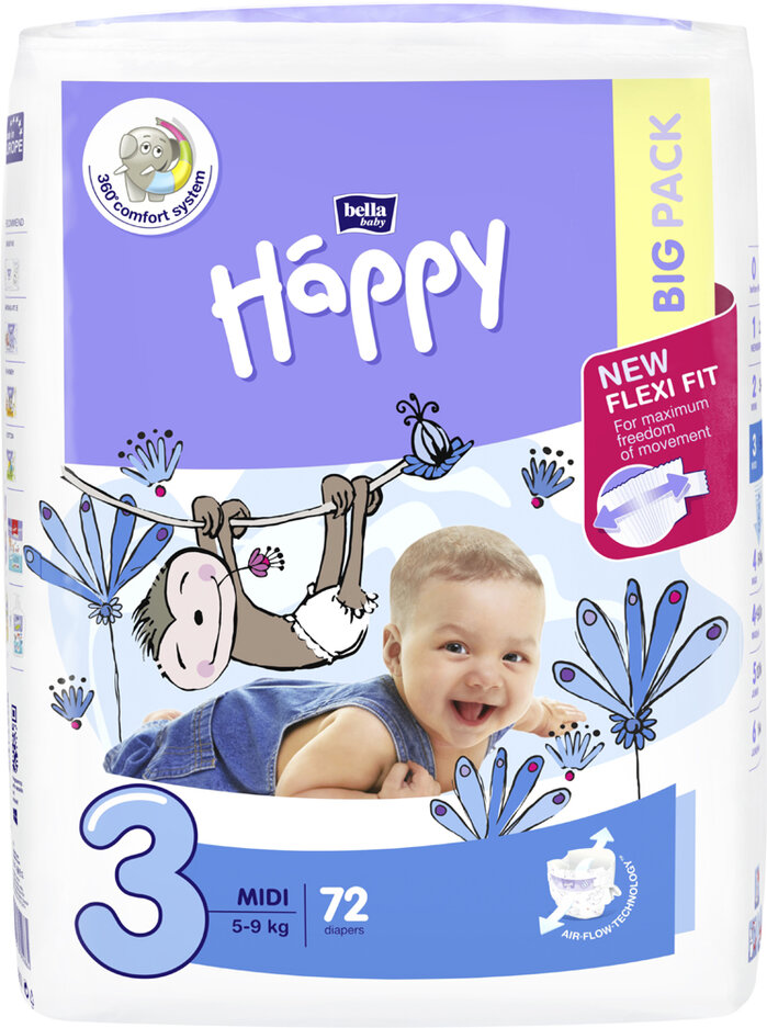 BELLA HAPPY Pleny jednorázové 3 Midi (5-9 kg) 72 ks - BIG PACK