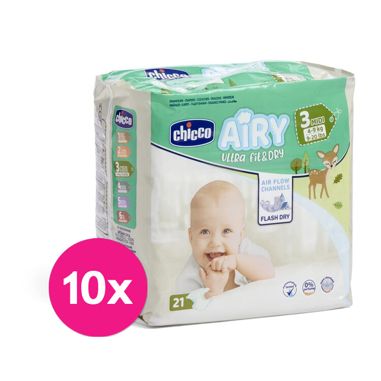 CHICCO Airy Pleny jednorázové 3 Midi (4-9 kg) 210 ks - Měsíční zásoba