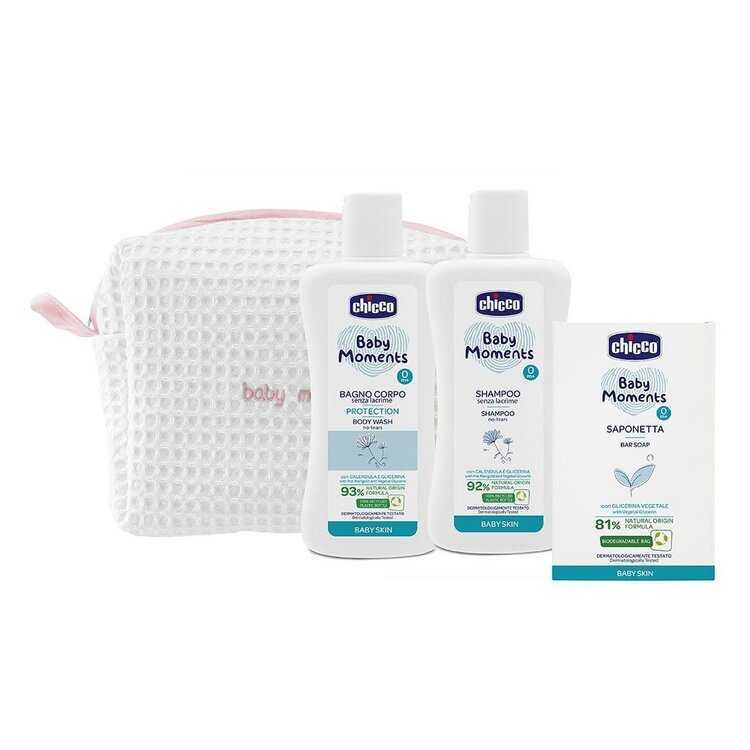 Chicco Baby Moments tuhé mýdlo na ruce 100 g + dětský šampon na vlasy 200 ml + šampon na celé tělo pro děti 200 ml + kosmetická taška 1 ks dárková sad