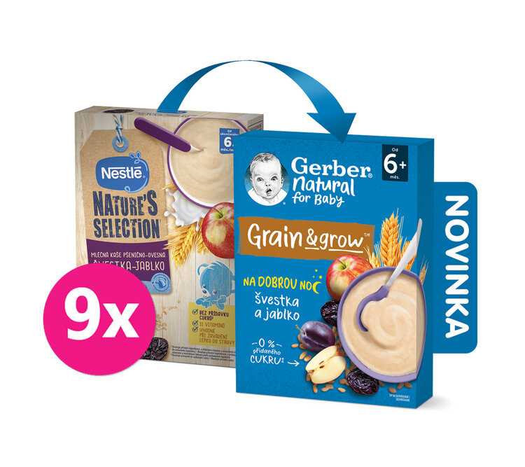 GERBER Natural mléčná kaše pšenično-ovesná jablko a švestka 9 x 220 g