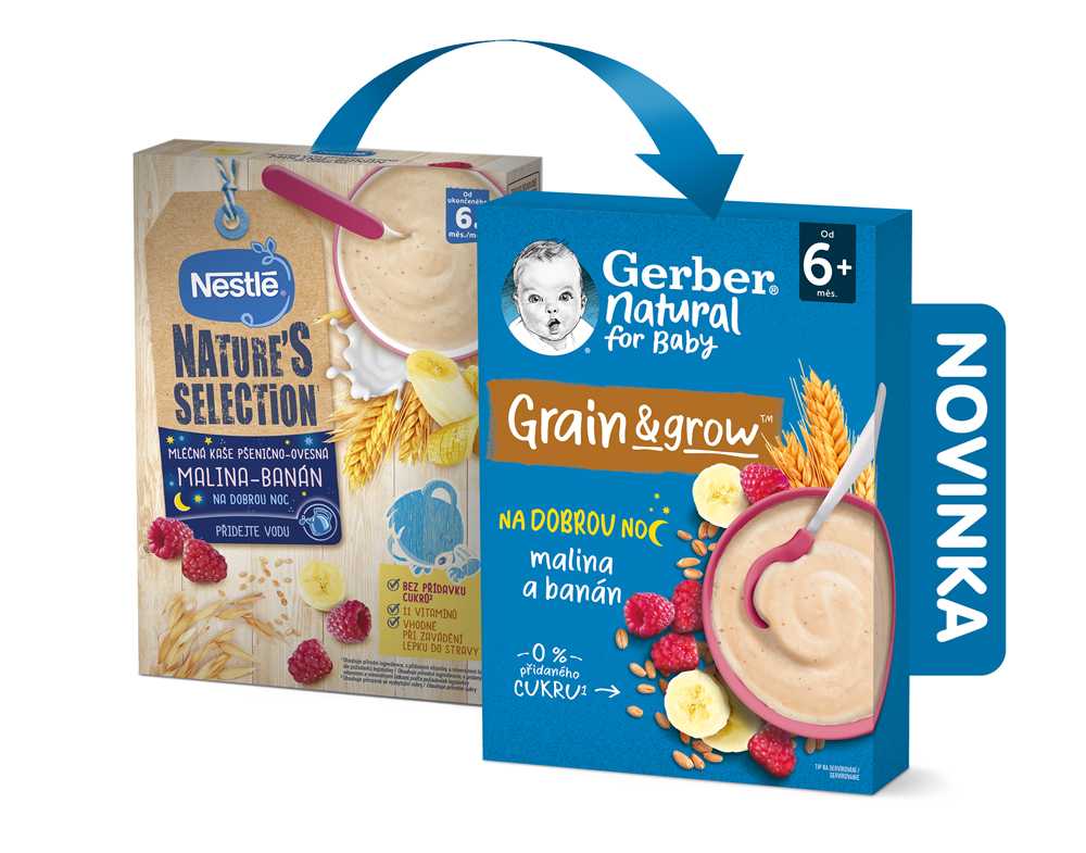 GERBER Natural mléčná kaše pšenično-ovesná malina a banán 6 x 220 g