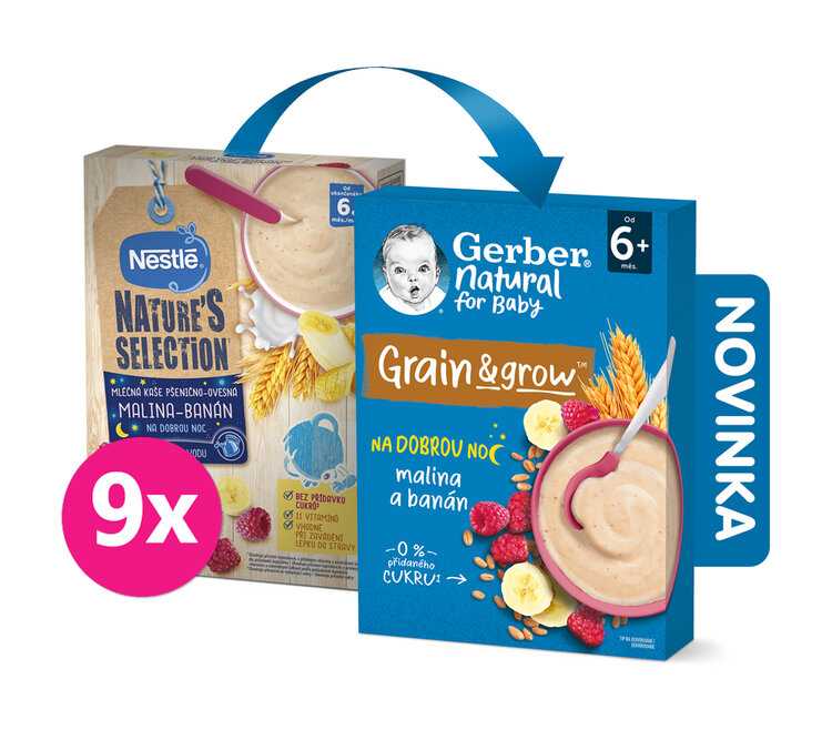 GERBER Natural mléčná kaše pšenično-ovesná malina a banán 9 x 220 g