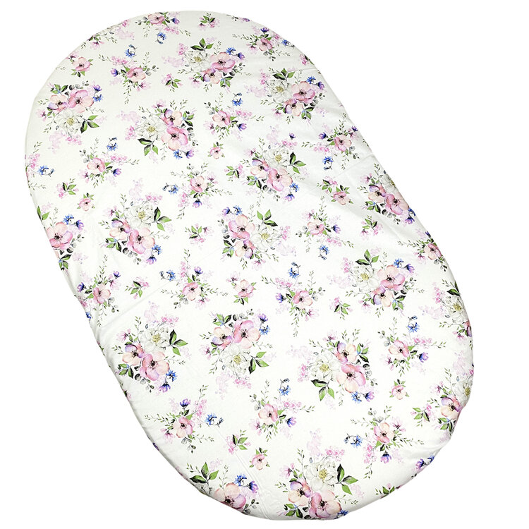 MIMIKO Prostěradlo na oválnou matraci Květy na bílem