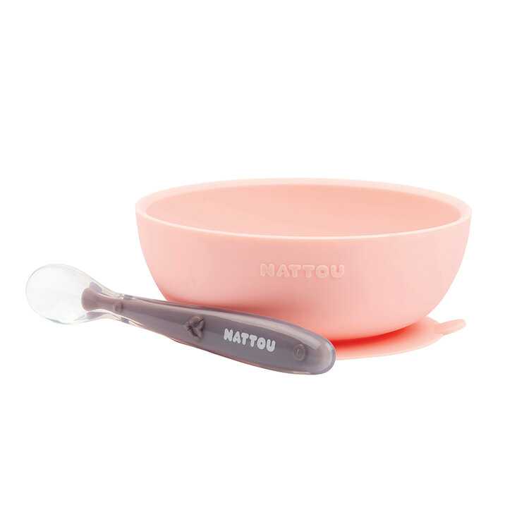 NATTOU Set jídelní silikonový miska a lžička růžový bez BPA 2 ks