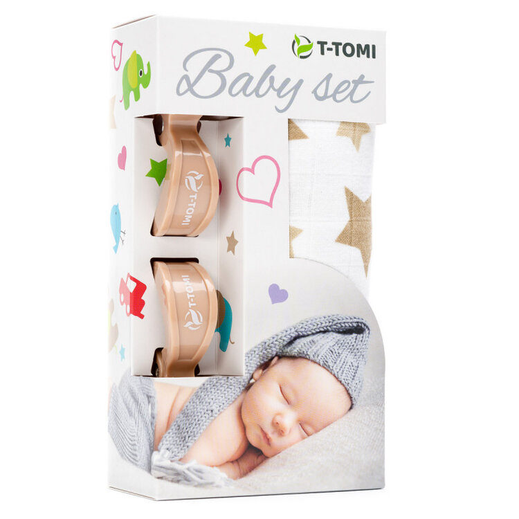 T-Tomi Baby set bambusová osuška beige stars / béžové hvězdičky + kočárkový kolíček beige / béžová 339