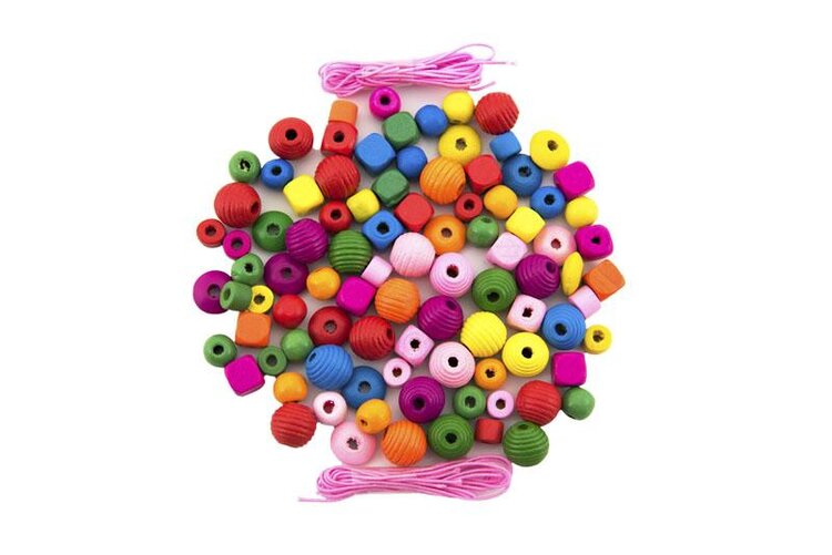 TEDDIES Korálky dřevěné barevné s gumičkami cca 800 ks ve velké plastové dóze