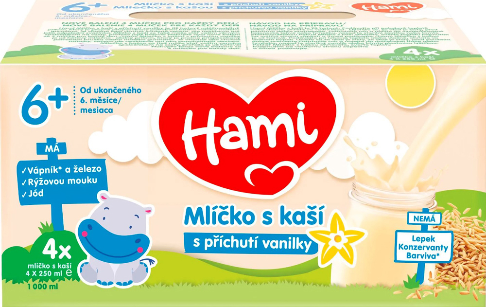 3x HAMI Mlíčko s kaší s příchutí vanilky 4x250 ml