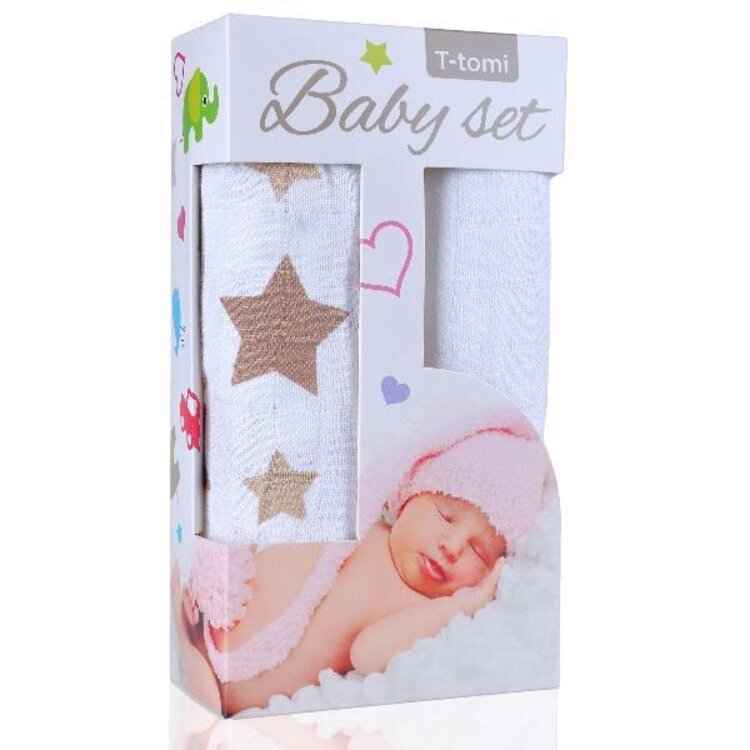 T-TOMI Baby set - bambusová osuška BIO béžové hvězdičky + osuška bambusová