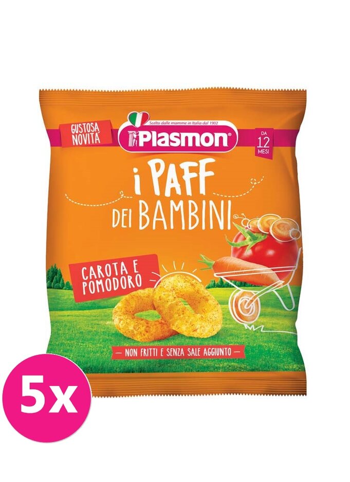 5x PLASMON Křupky zeleninové bezlepkové na cesty Paff rajče a mrkev 15 g