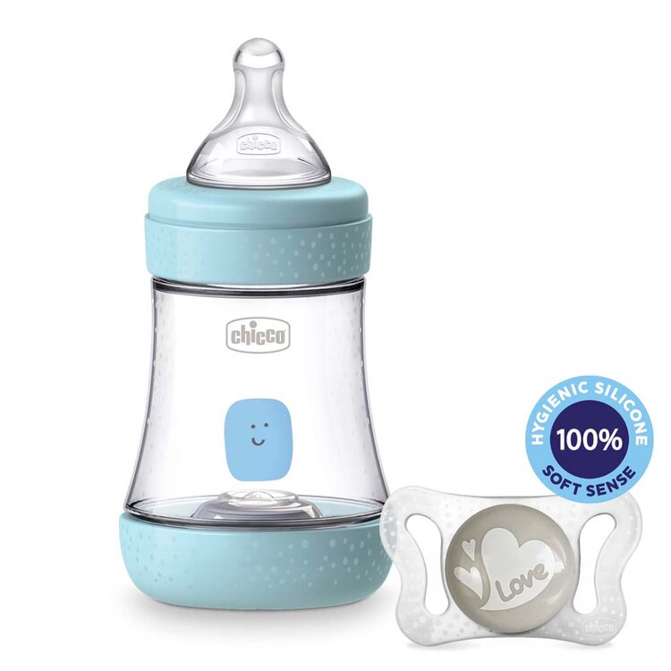 Chicco láhev kojenecká Perfect 5 silikon 150 ml kluk + vzorek Šidítko Physio Micro V003156