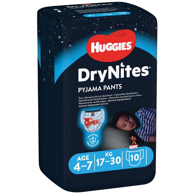 HUGGIES DryNites Kalhotky plenkové jednorázové pro chlapce 4-7 let (17-30 kg) 10 ks