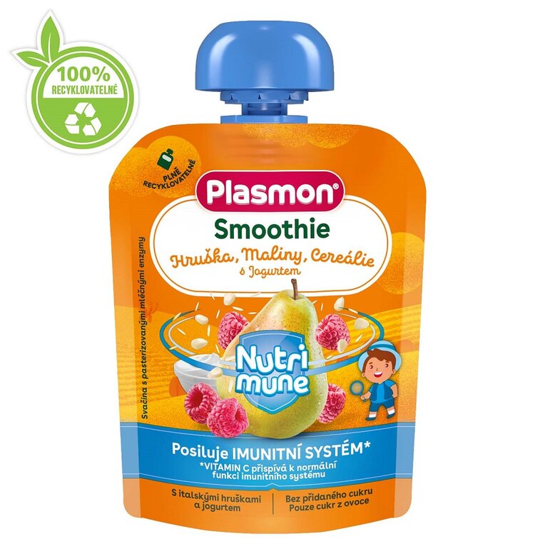 PLASMON Kapsička Smoothie NUTRI-MUNE bezlepkové ovoce-jogurt hruška a malina s cereáliemi 85g