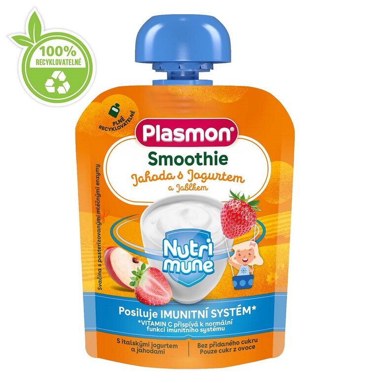 PLASMON Kapsička Smoothie NUTRI-MUNE bezlepkové ovoce-jogurt jablko a jahoda 85g