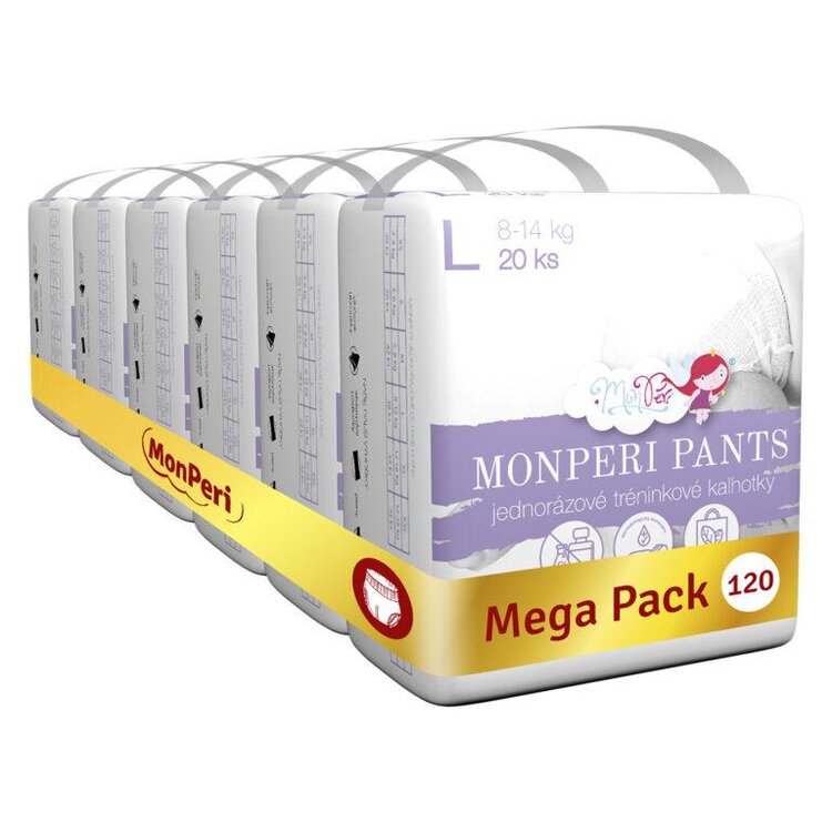 MONPERI PANTS Kalhotky plenkové jednorázové L (8-14 kg) 120 ks - Mega Pack