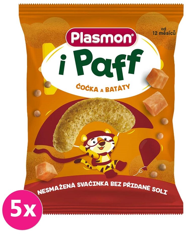 5x PLASMON Křupky zeleninové bezlepkové na cesty Paff čočka 63% a batáty 15g