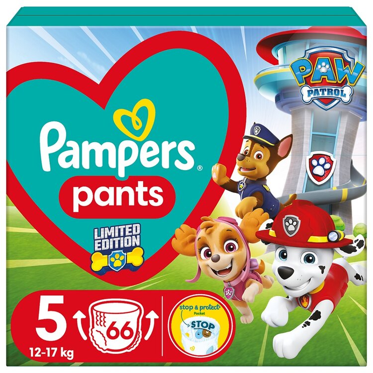 PAMPERS Pleny kalhotkové Active Baby Pants Paw Patrol vel. 5 (66 ks) 12-17 kg