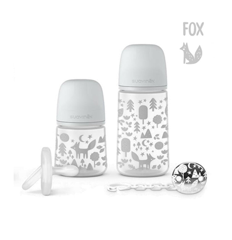 SUAVINEX Sada 270 ml + 150 ml + dudlík celosilikonový 0/6m+ klip Fox