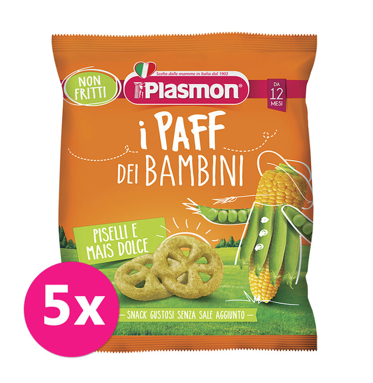 5x PLASMON Křupky zeleninové bezlepkové na cesty Paff hrášek 56% a kukuřice 15g