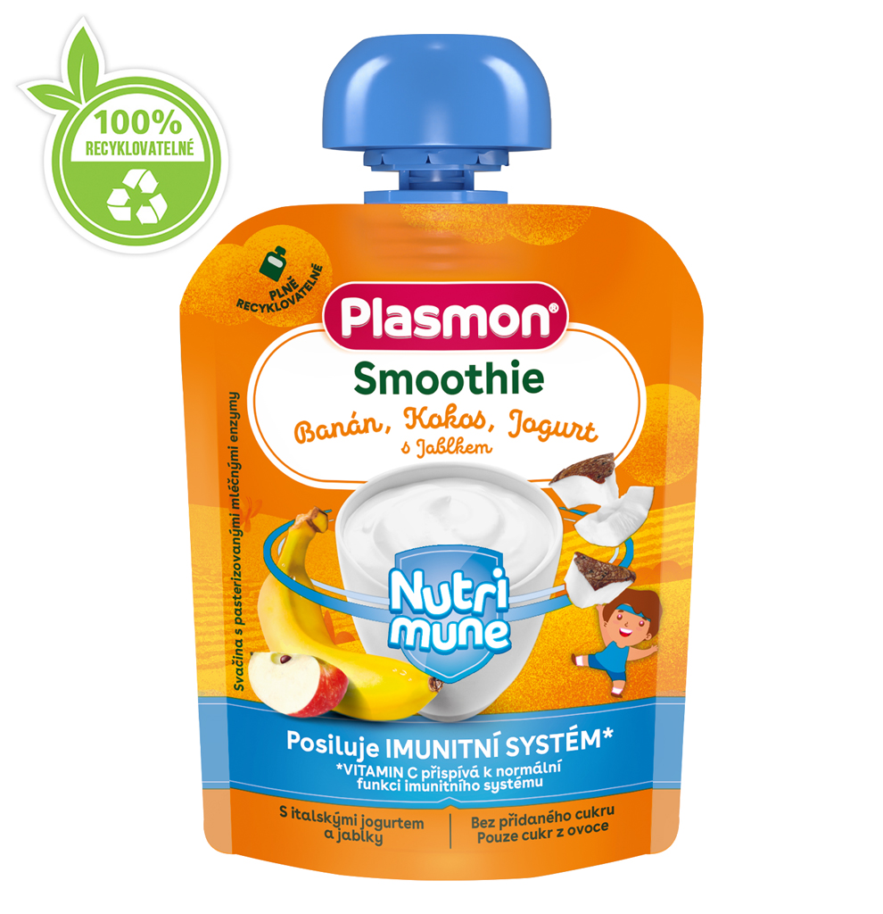 6x PLASMON Kapsička Smoothie NUTRI-MUNE bezlepková ovoce-jogurt banán a jablko s kokosem 85g