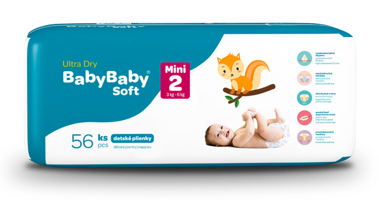 BABYBABY SOFT Pleny jednorázové Ultra-Dry Mini (3-6 kg) 56 ks