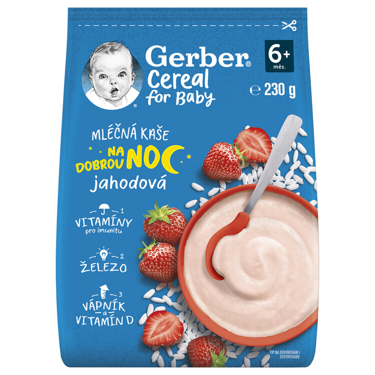 GERBER Kaše mléčná cereal jahodová Dobrou noc 230 g