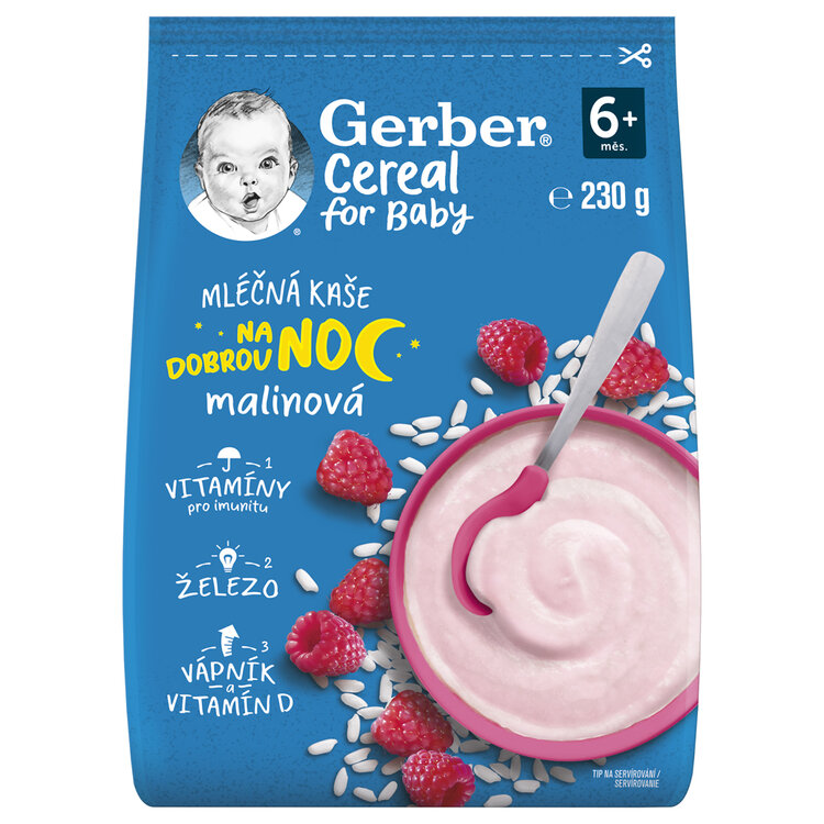 GERBER Kaše mléčná cereal malinová Dobrou noc 230 g