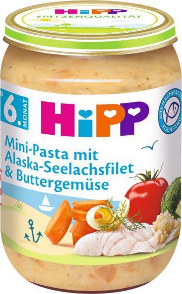 HiPP Mini těstoviny s aljašskou treskou v máslové zelenině 190 g