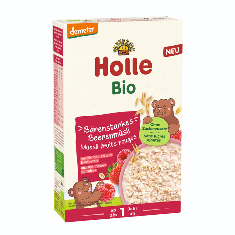 HOLLE BIO Müsli s kousky jahod a malin pro děti od 12. měsíce