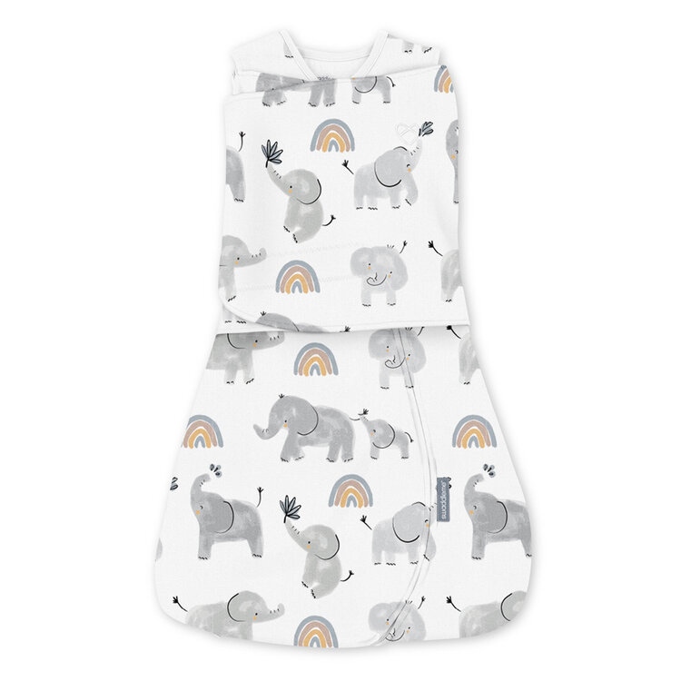INGENUITY Zavinovačka bavlněná ulitka konvertibilní s volným rukávem TOG 1 SwaddleMe™ Happy Elephant