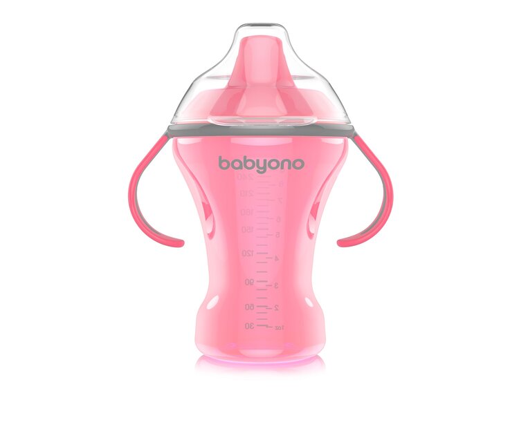 BABYONO Hrnek netekoucí s tvrdým náustkem Natural Nursing 260 ml růžová