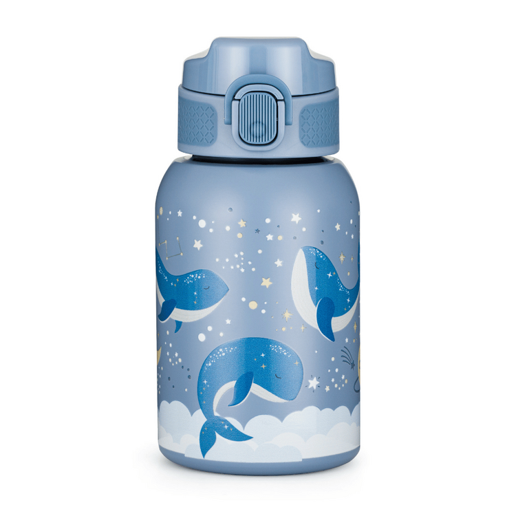 PETITE&MARS Láhev nerezová termo se slámkou 350 ml Whale Song 12m+