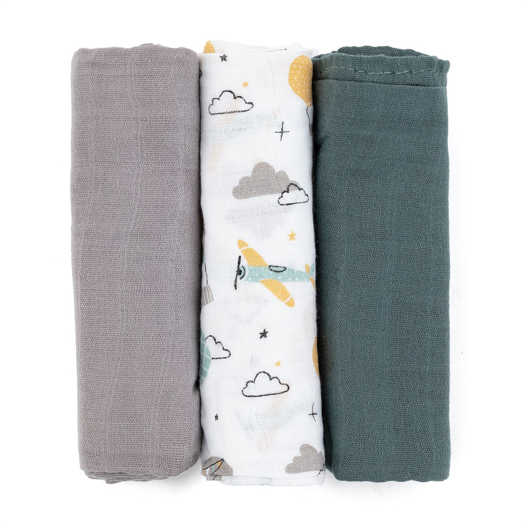 PETITE&MARS Sada plen bambusová mušelínová 3ks Moussy Grey Planes